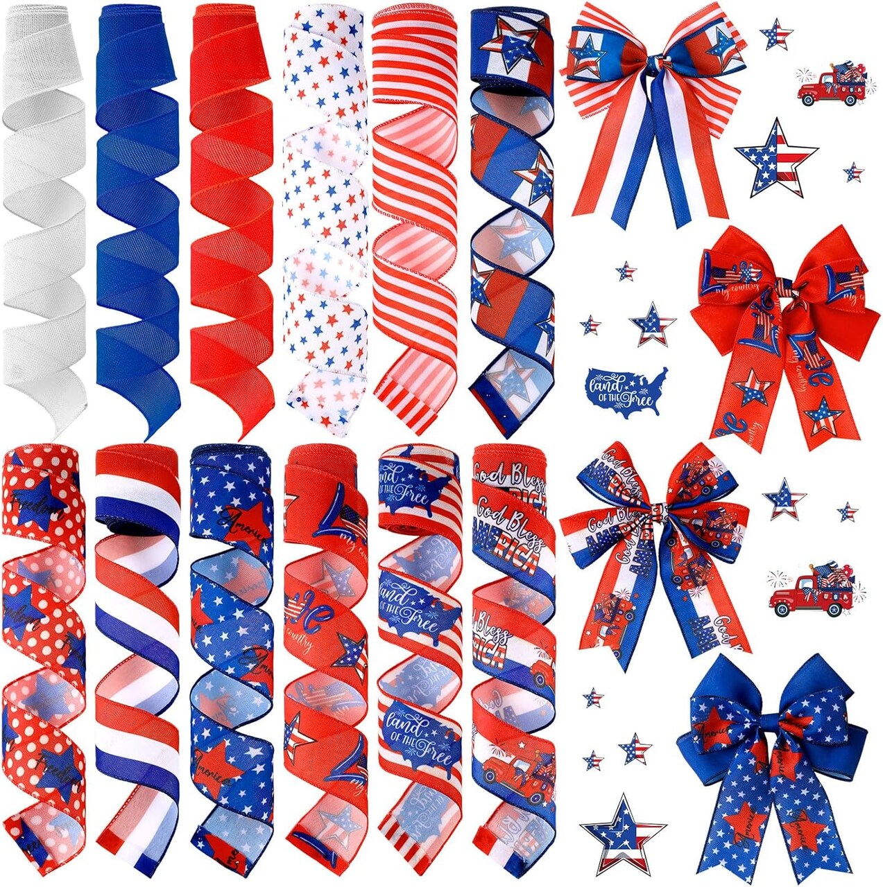 12 Rolls 60 Yards 4th of July Patriotic Ribbon Stars and Stripes Burlap Wired Edge Ribbon White Blue Red Decorative Crafts